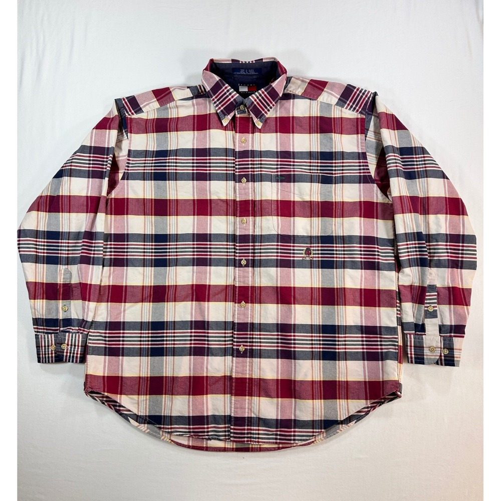 Tommy Hilfiger Mens XL Vintage Plaid Button Down Shirt Red White Blue Cotton